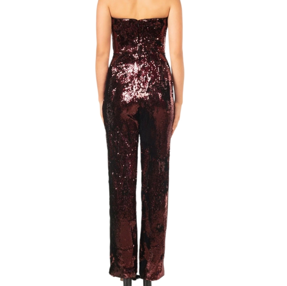 NWT Dress the Population Andy Sequin Jumpsuit Burgundy Strapless Wide Leg S - Picture 3 of 9